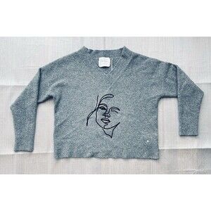 Women’s Grey Melange V-Neck Sweater Sz L Abstract Face Line Art Knit Pullover